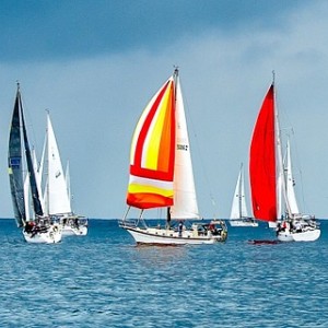 Crystal blue waters and open sky and four sailboats with red, orange and white sails