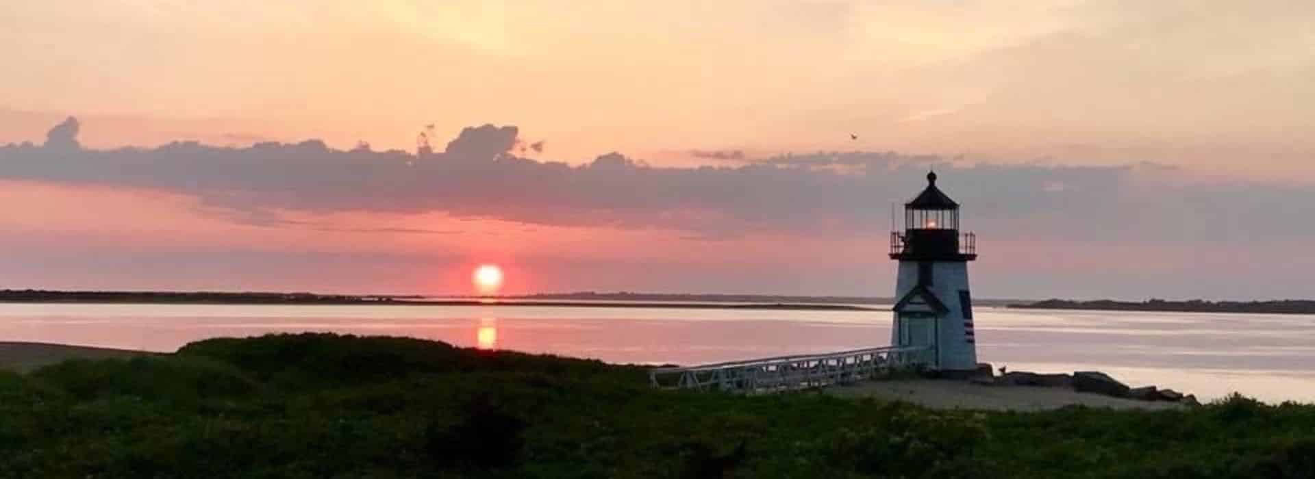 White lighthouse surrounded by green shrubs next to the ocean with the sun coming up in the background