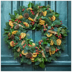 Beautiful green wreath with ornaments on a wall - image by jet times unsplash.com