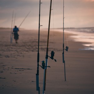 Long stretch of beach at sunset with several fishing poles sticking straight up out of the sand