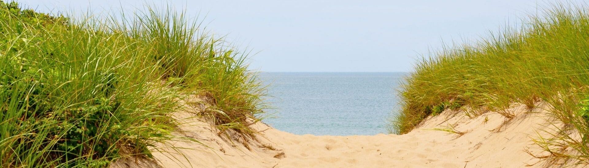 sandy pathway to nantucket beach with dunes dovered with sea grass on either side