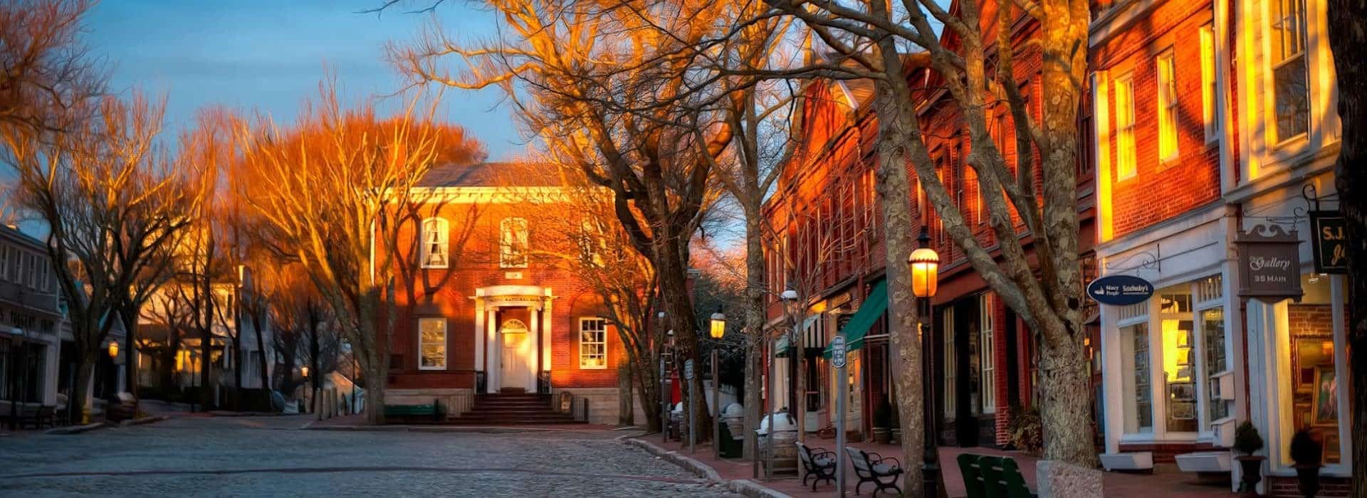 Store fronts in historical red bricked buildings with a cobblestone street surrounded by trees without leaves