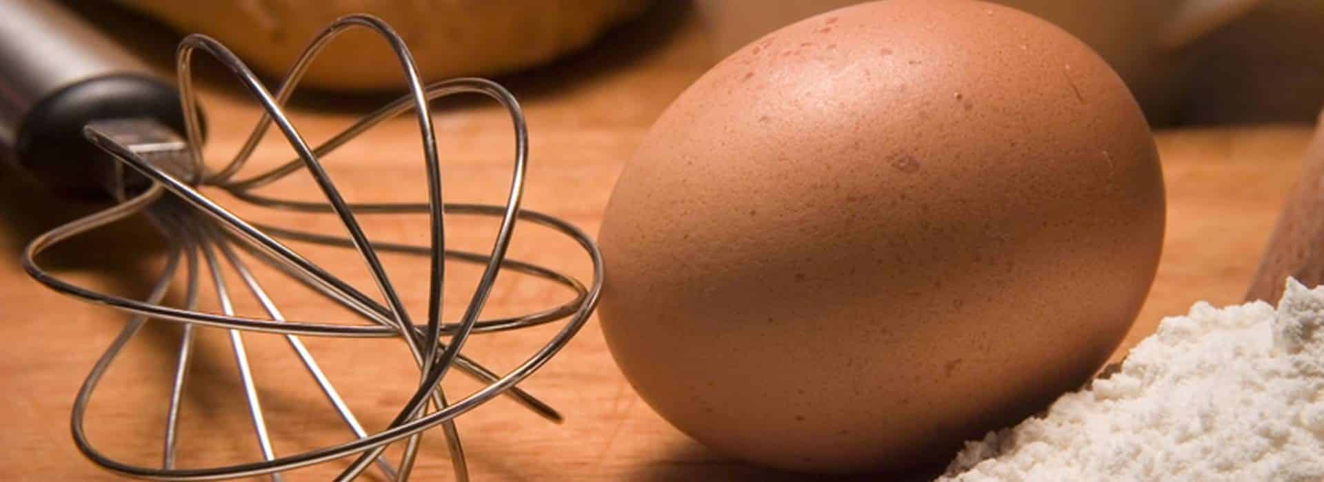 Close up view of a brown egg and metal whisk