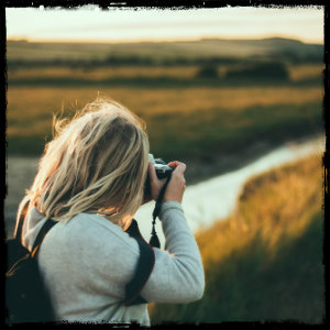 Blonde woman outdoors taking a picture of a field landscape - image by joseph pearson unsplash.com